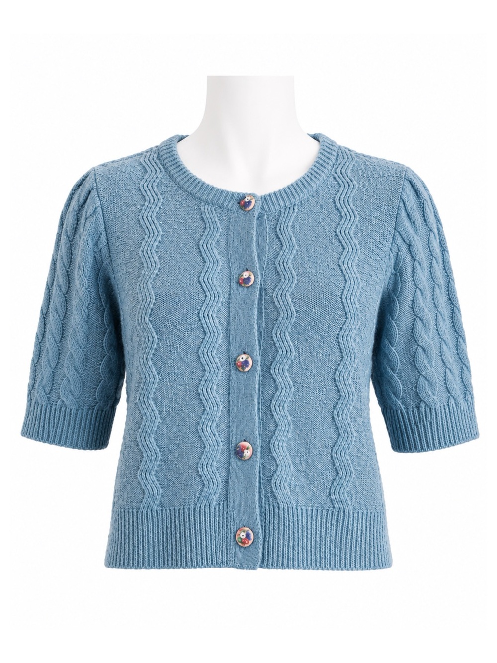 Size XS Kaily K Women’s Cable Knit Short Sleeve Cardigan Floral Buttons Blue